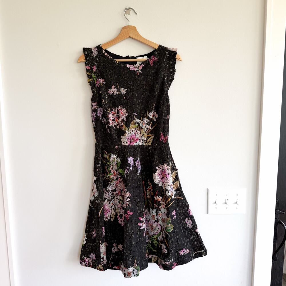 Anthropologie Eri + Ali Neveah Floral Lace Fit & Flare Ruffle Dress Black 10 NWT